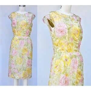 Nat Kaplan SILK Floral 50s Dress Sequined Beaded Pencil Wiggle Dress Bombshell